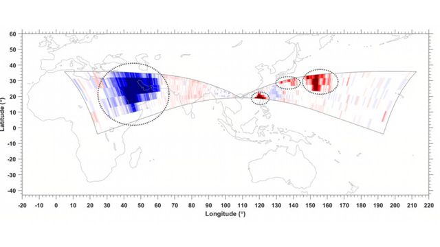 Mapa de la detección de las burbujas sobre la pirámides y el atolón de Midway.