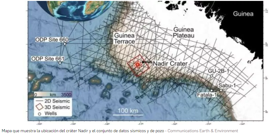 El cráter Chicxulub, de 180 km de ancho, está en la península de Yucatán, México. 